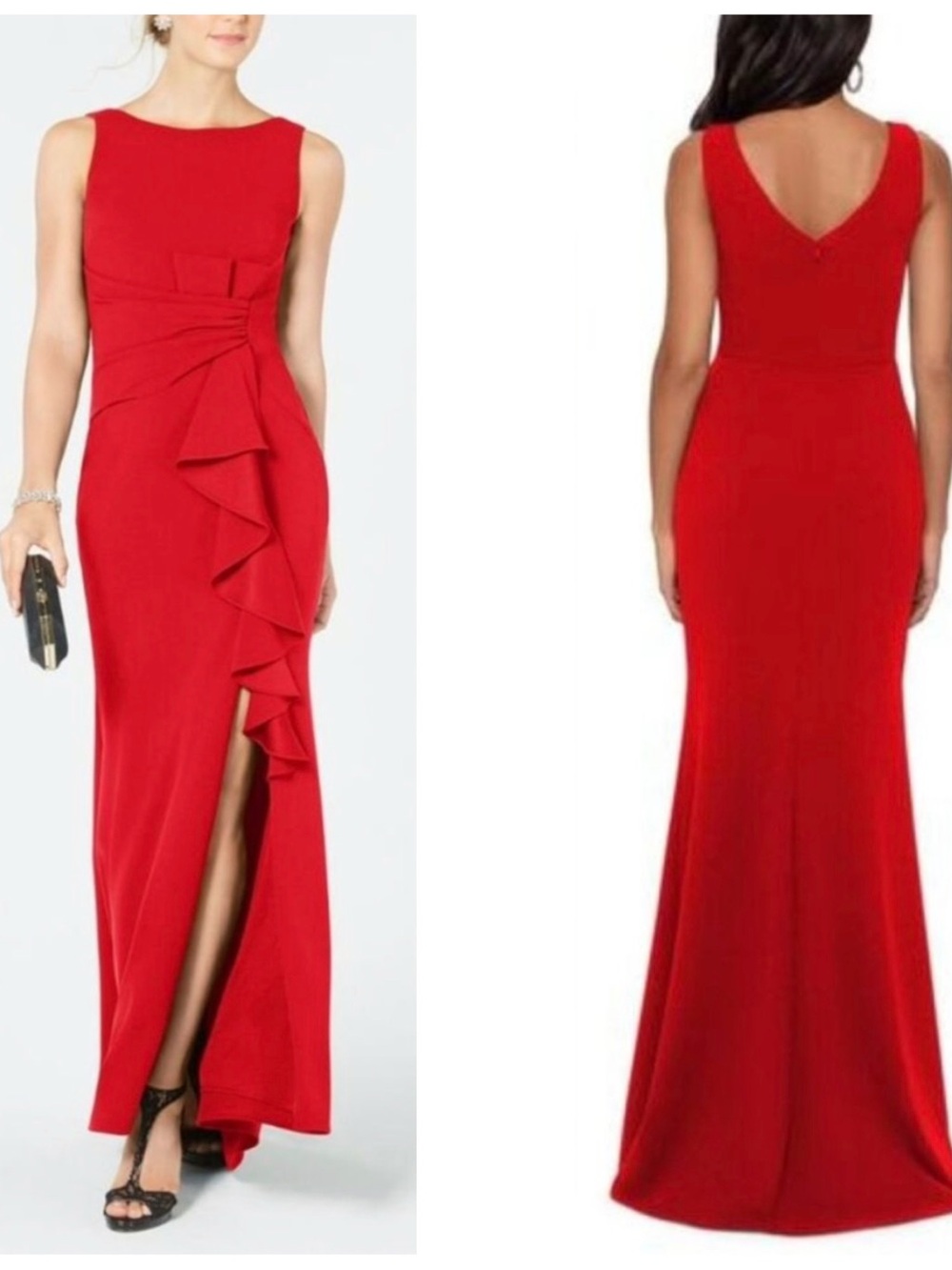 Betsy & Adam Red Ruffle-Front Sleeveless Maxi Gown